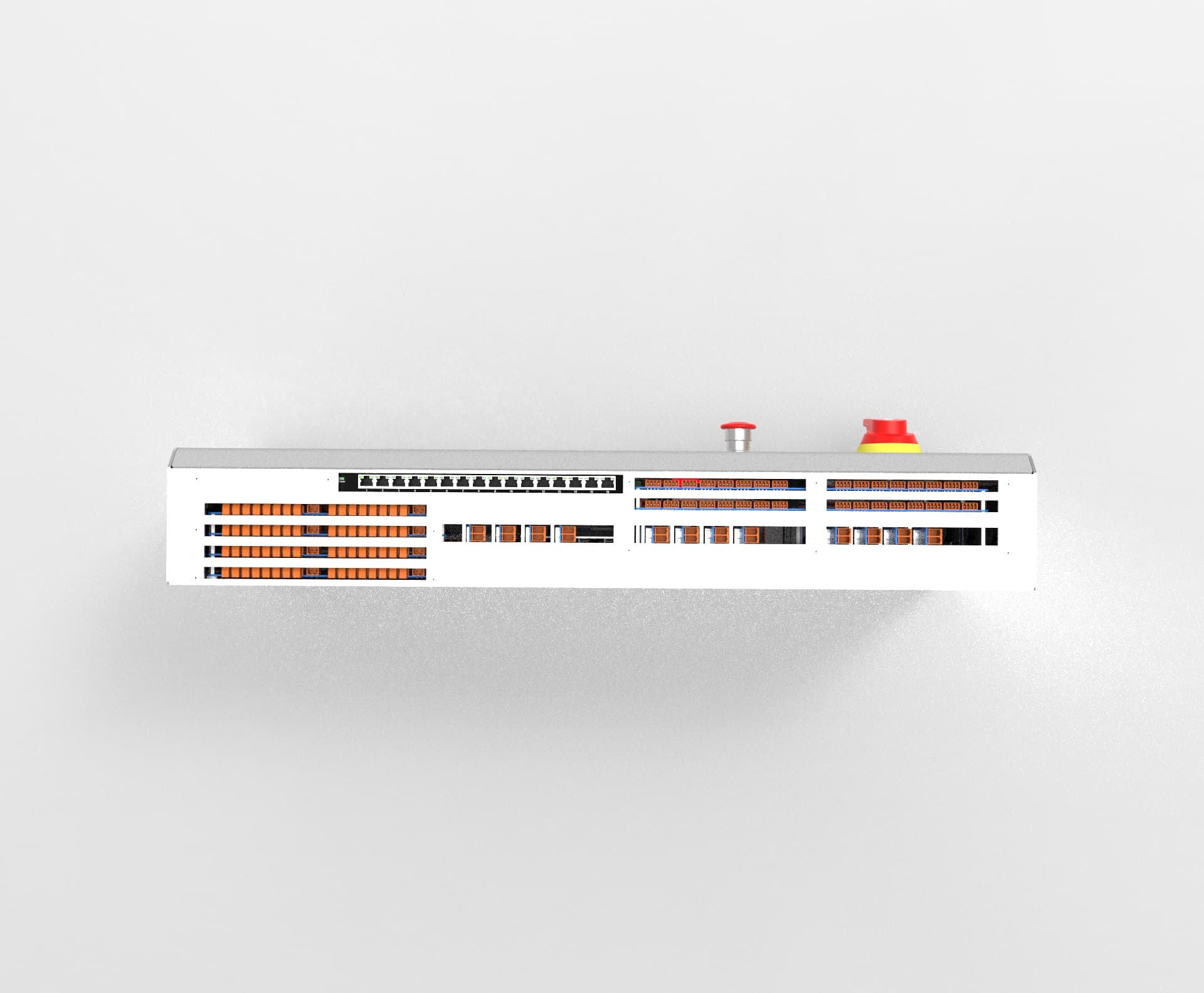 Top-down view of the Brain cabinet showing I/O terminal blocks and connections