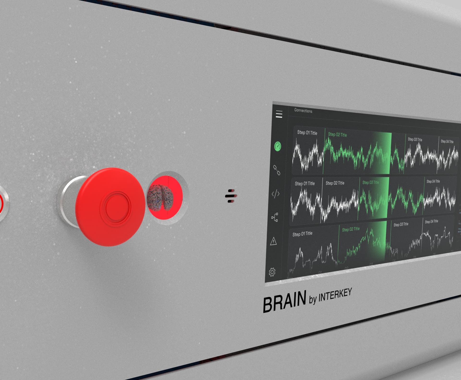 Close-up of the 14-inch widescreen status panel showing live trend charts and the emergency stop button