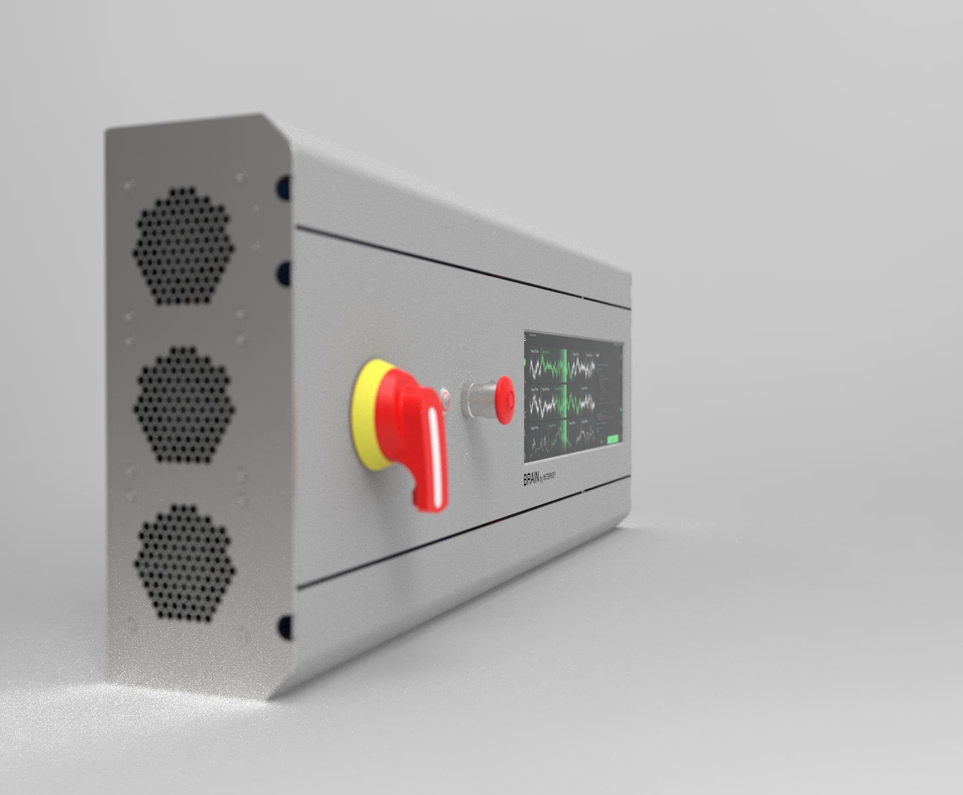 Interkey Brain cabinet -- isometric view with 14-inch status panel, emergency stop, and front panel branding