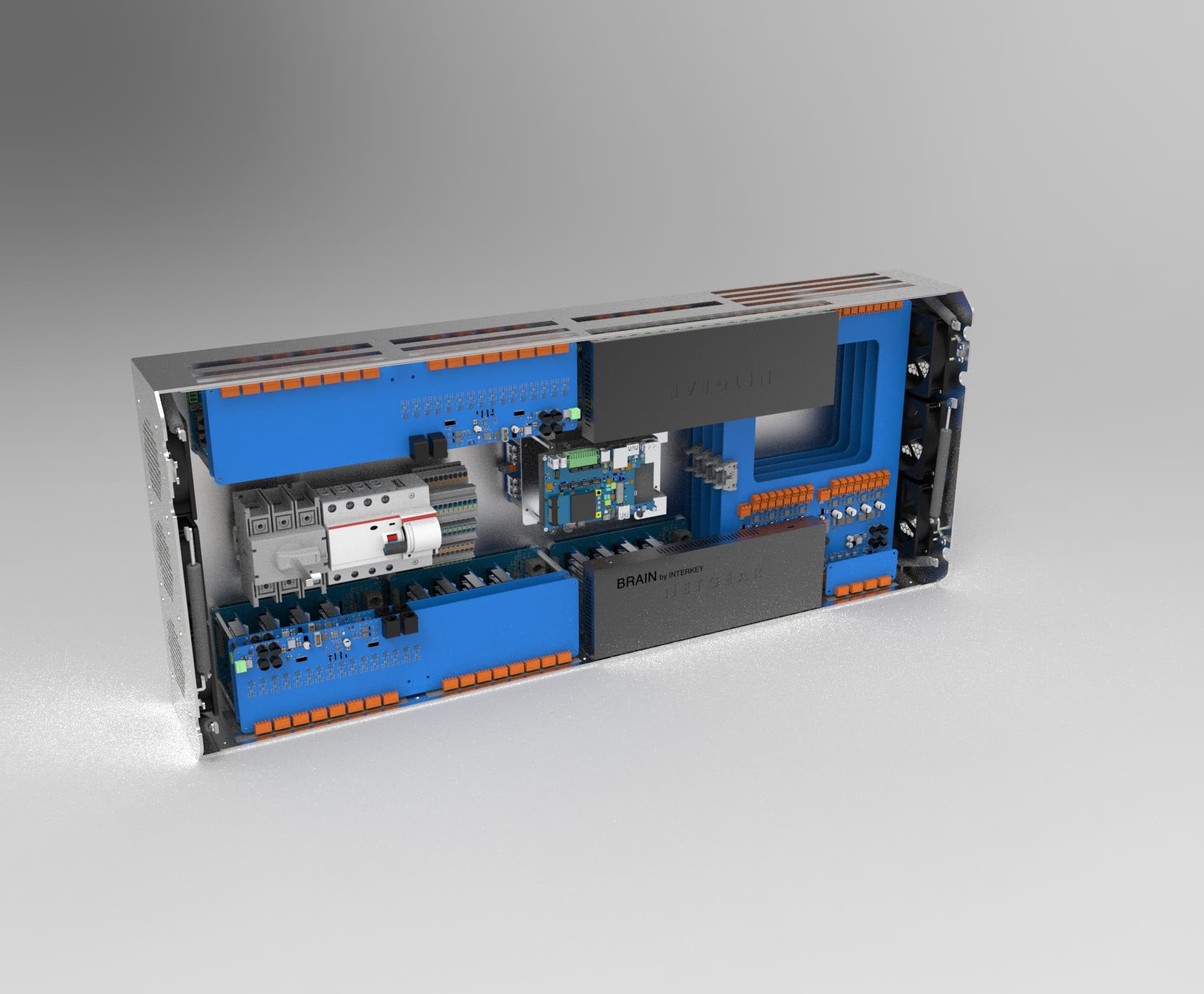 Internal view of the Brain cabinet showing the custom PCB stack and I/O boards